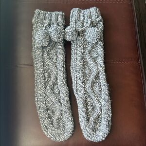 Lands End Cozy Pom Pom Knee-high Gray Knit Slipper Socks. S/M